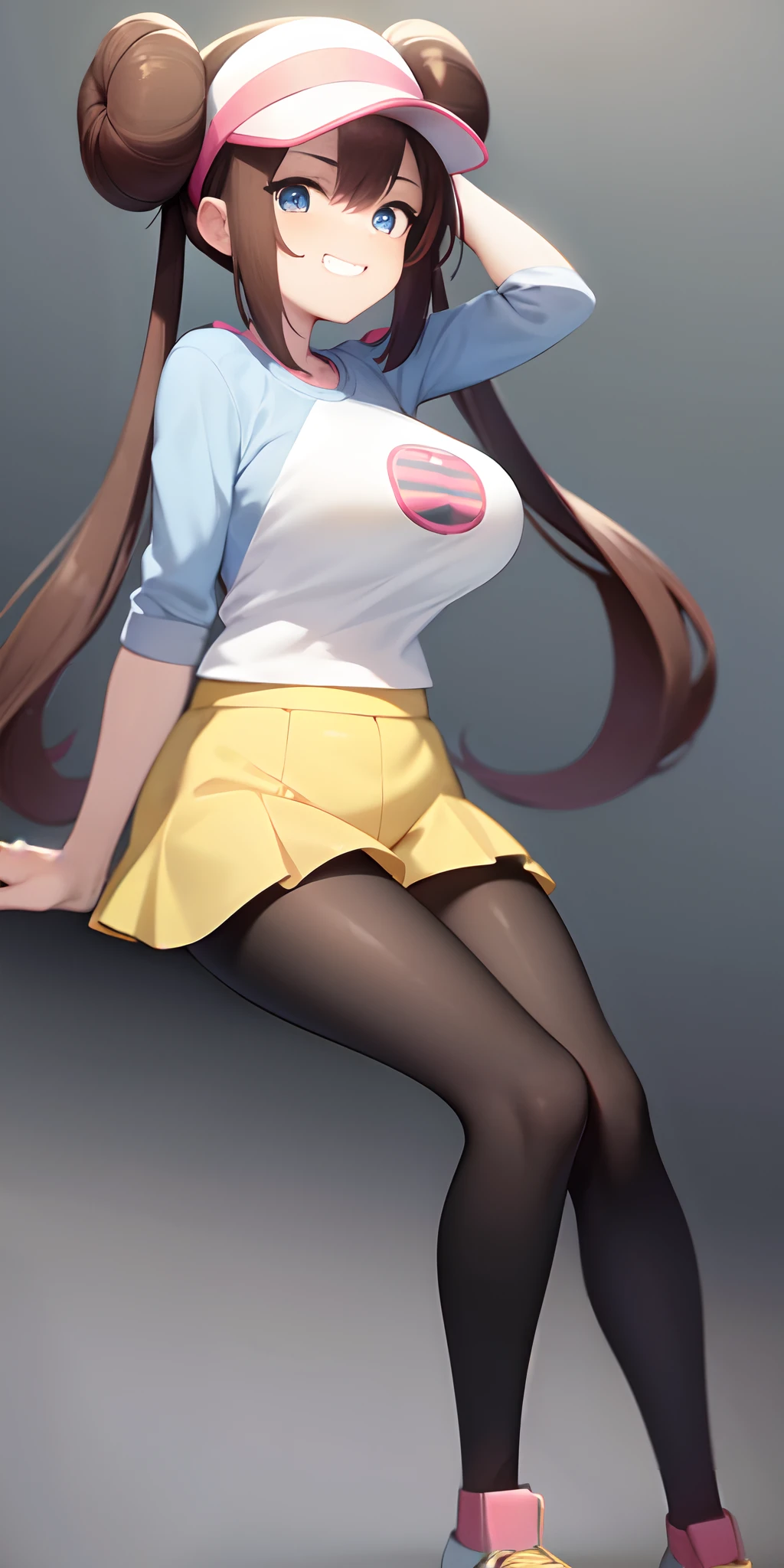 ro1, hair bun, blue eyes, twintails, visor cap, (pantyhose), raglan sleeves, yellow shorts, shirt, pink bow, wristwatch, (foot focus), full body view, (masterpiece, best quality, 8k,4k, high res:1.4), no shoes, 1girl, busty, huge breasts, sock fetish,vivid colors, stocking fetish, perfect legs, seductive grin, punk girl