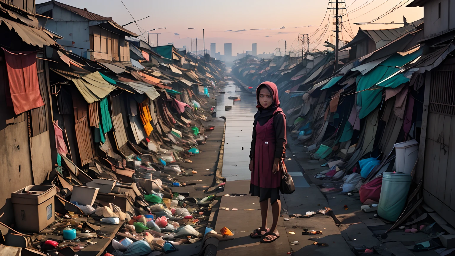 1 girl, Stand at front, Portrait of a collapsed area in Jakarta full of garbage, trash cans, garbage, junk, plastic bag, Dirty, Slum City, poverty,  Dim light, Epic, Cityscape, dawn, Clear sky, tree, railway, Cable, Dramatic, River