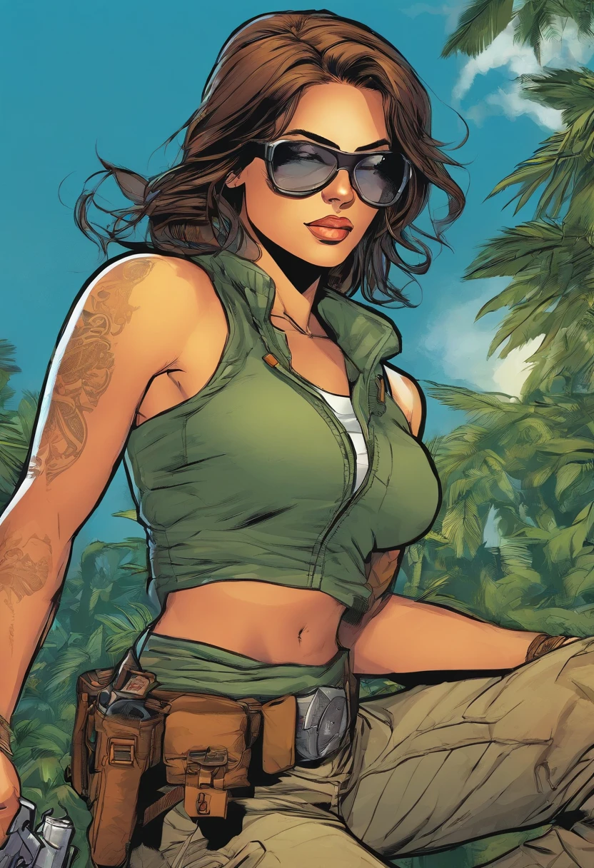 Femme Colombienne avec lunette de soleil ronde, cheveux long noir , Lara Croft Tomb Rider, Treasure Hunter