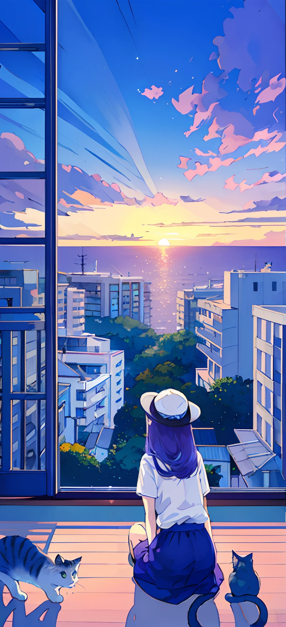 Camiseta azul、Usando un sombrero blanco、((gatos))、Una ciudad junto al mar、pequeño lindo、Mira atrás、en 8K、tamaño de archivo grande、Cuando estás mirando a tu audiencia、 Con vistas al paisaje urbano、medianoche,el detalle、pelo largo,Colores Pastel、cabello purpura
