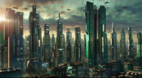 ((a cityscape view of a futuristic sci fi mega sprawling city)), ominous, dystopian city, masterpiece, 4k resolution, (flawless ...