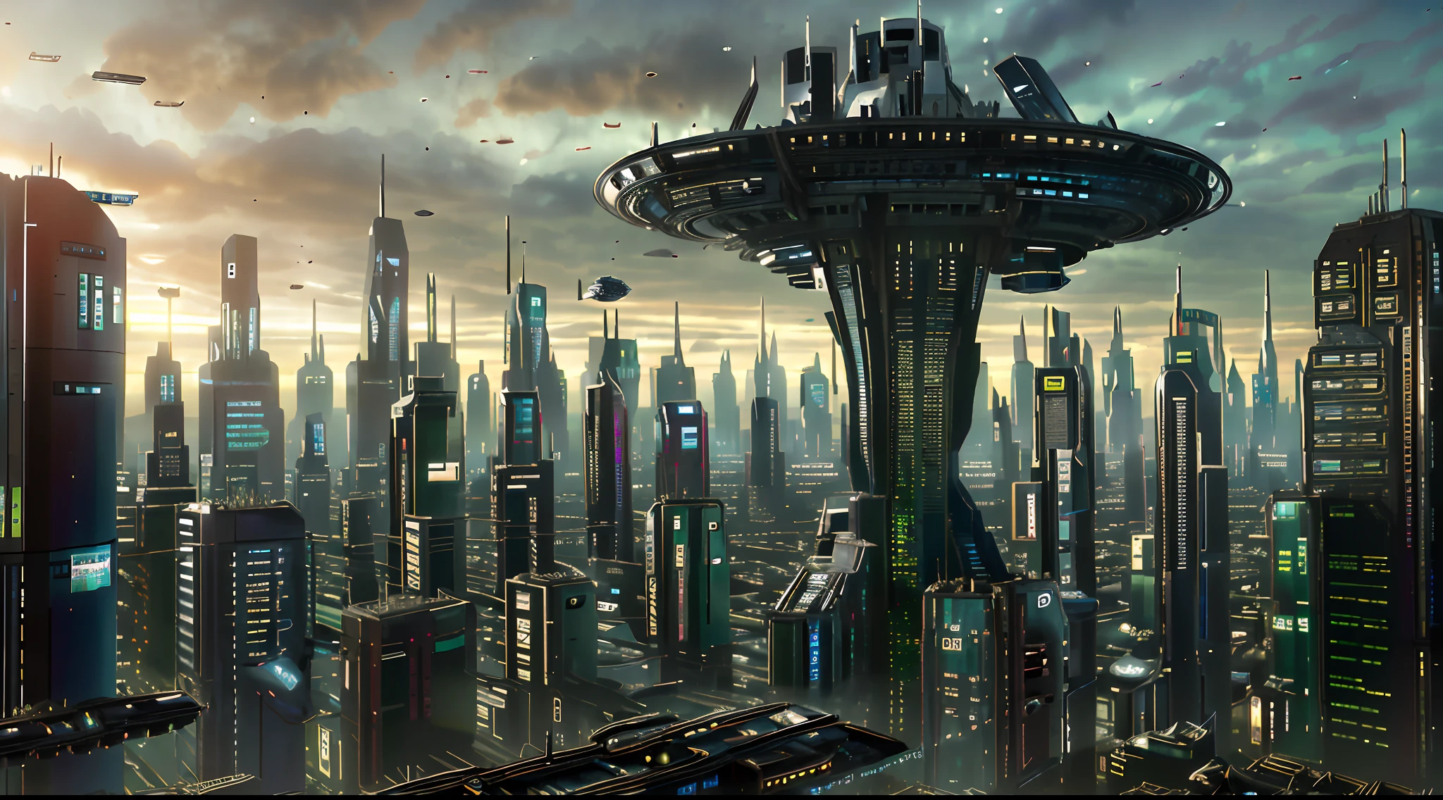 ((a cityscape view of a futuristic sci fi mega sprawling city)), ominous, dystopian city, masterpiece, 4k resolution, (flawless architecture), atmospheric, nature taking over city,