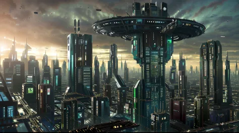 ((a cityscape view of a futuristic sci fi mega sprawling city)), ominous, dystopian city, masterpiece, 4k resolution, (flawless ...