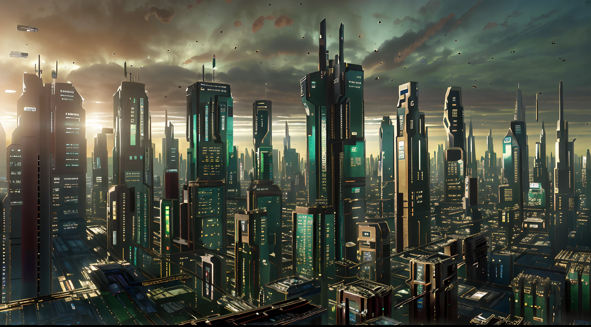 ((a cityscape view of a futuristic sci fi mega sprawling city)), ominous, dystopian city, masterpiece, 4k resolution, (flawless architecture), atmospheric, nature taking over city,