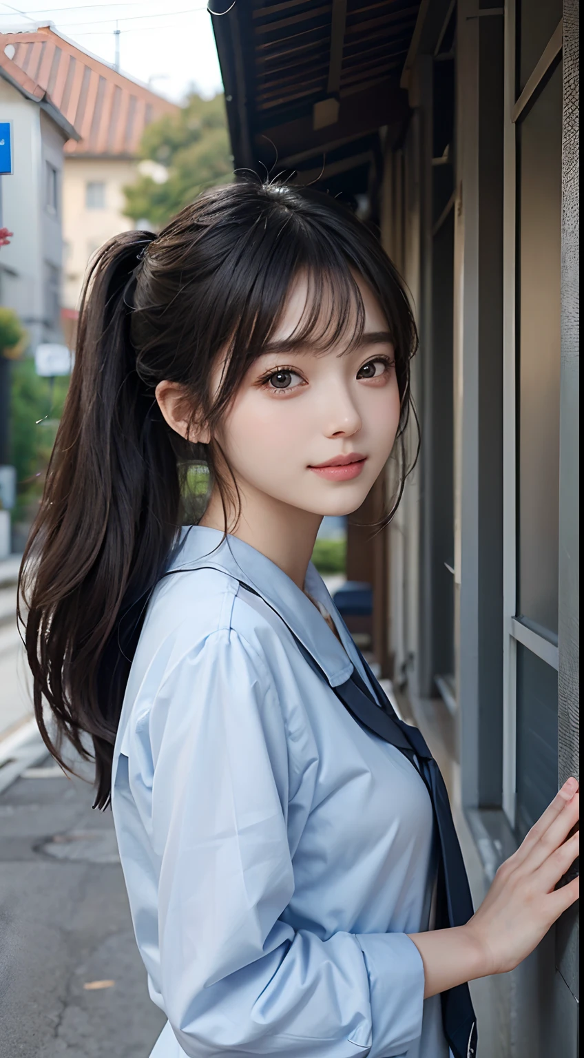 Arafed Asian Woman In A Blue Shirt And Tie Leaning Against A Wall 