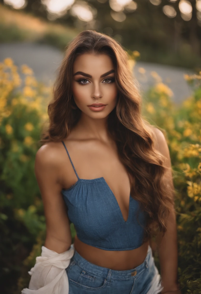 A woman with long hair and blue top posing in a field - SeaArt AI