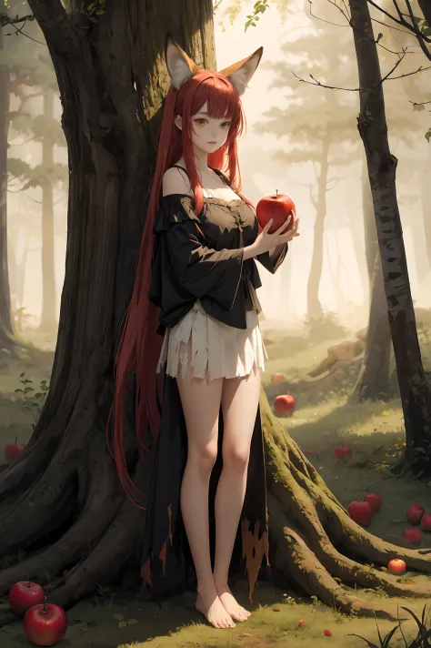 A hybrid girl with fox ears, long red hair with bangs, medieval attire, a fox tail, large shining yellow eyes, and tan skin. She...