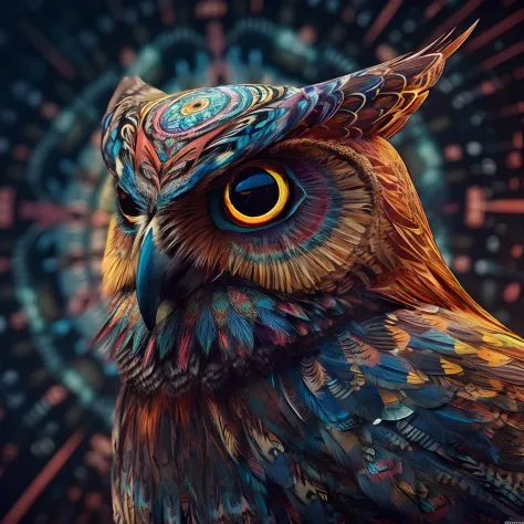 brightly colored owl with a psychedelic look on its face, highly detailed digital art, 4k highly detailed digital art, highly de...