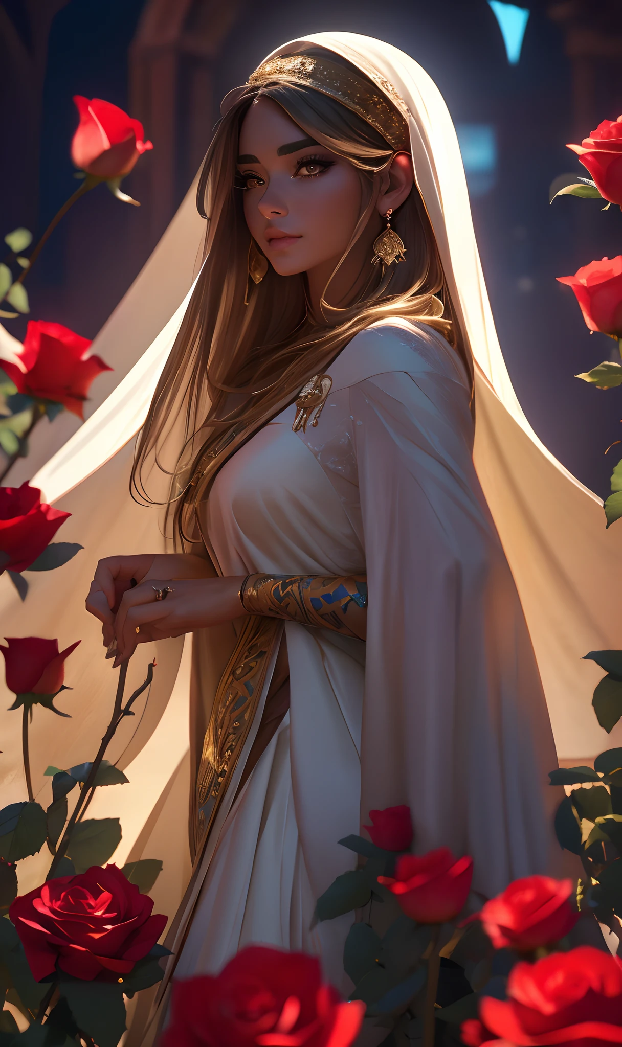 beautiful caucasian rose priestess, in a field of roses under a moon light, masterpiece, high detailed face, Global illumination, real hair movement, best quality, Sharp Focus, (32k resolution, UHD, HDR)(Kodak gold 200, Portra 400, fujifilm superia), Canon R3,Hasselblad,IMAX, (Canon EF70-200mm f2.8 IS III USM) ((prominent heavy shadows)) (lunar ray time) (octane render:0.89), vibrant colors, soft lighting, natural light, photo realistic, photorealism, 8k, RAW photo, highest quality, masterpiece, ultra-high resolution