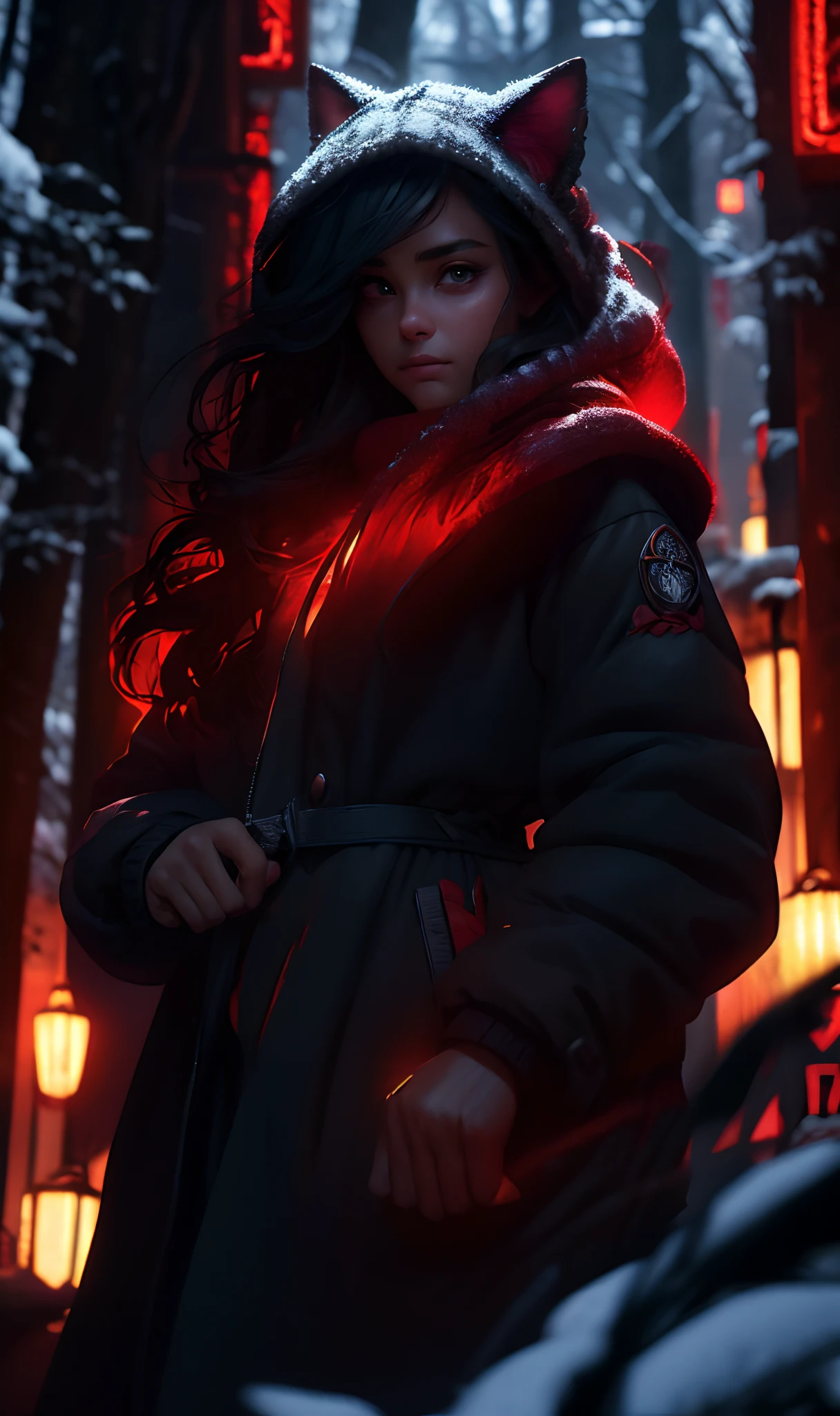 winter forest, hyperdetailed chibi long black waivy hair cat ears girl portrait  sitting on on a branch,  big overalls, red big scarf, (((winter warm clothes , long  coat))) striped pants, cute, dirty, oily, grimy, strong,  ancient majestic buildings in forest,  oil on canvas, dnd character portrait, insanely detailed, 4k, john william waterhouse, by Greg Rutkowski, Artgerm, WLOP, Alphonse Mucha dynamic lighting hyperdetailed intricately detailed Splash art trending on Artstation triadic colors Unreal Engine 5 volumetric lighting,  nature, full shot, symmetrical,  intricate artwork masterpiece, ominous, matte painting movie poster,  intricate, epic,  beksinski, highly detailed, vibrant, claws, production cinematic character render, ultra high quality model, pastels, trending on artstation, sharp focus, studio photo, intricate details, realism, masterpiece, expert, insanely detailed, night,  moon, black claws, red silk ribbons,  snow