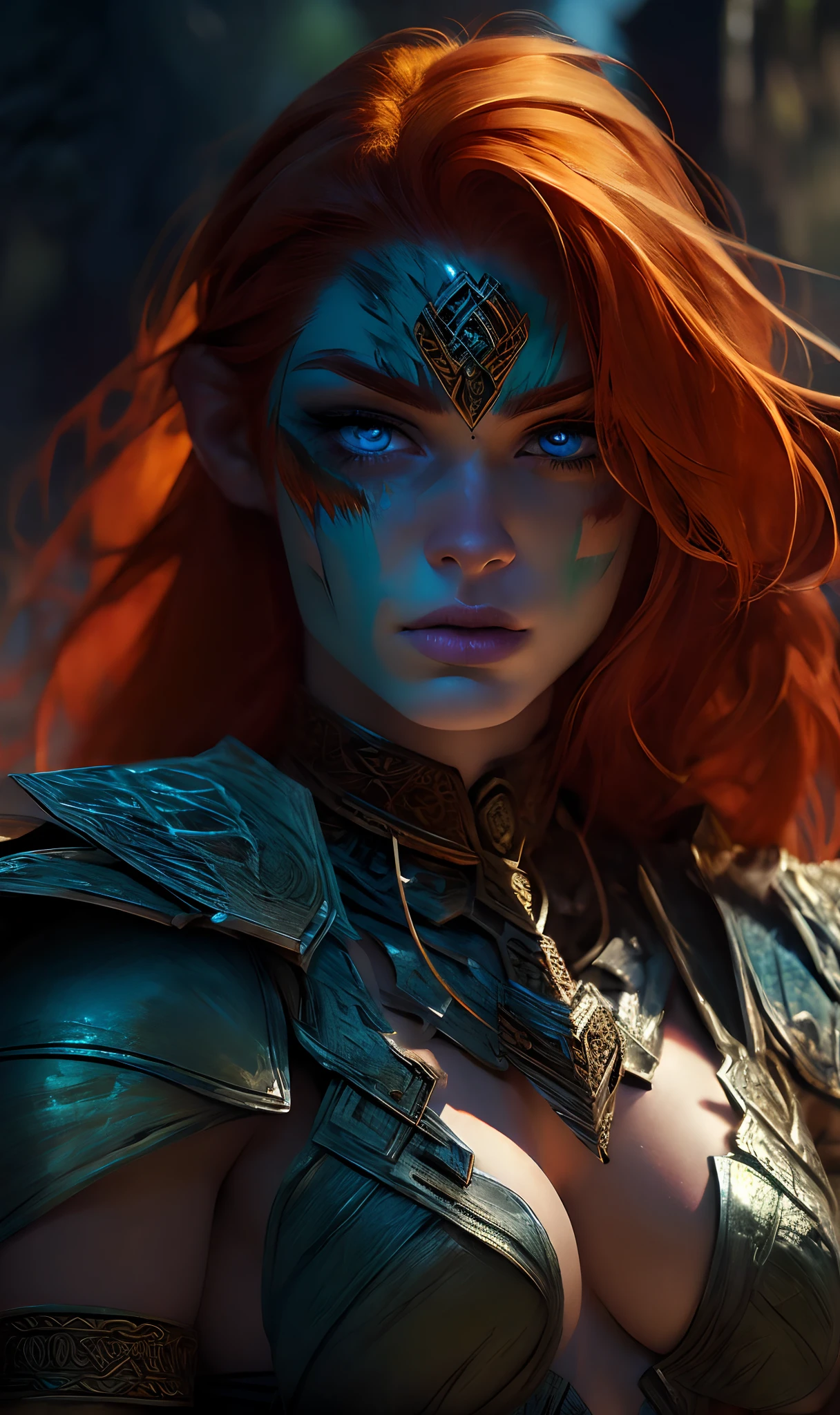 Rule of thirds, An extremely  Beautiful  Woman, pale skin, ((ginger-hair)), Celtic Warrior, weathered Runic  face-paint, ice, gritty sharp focus, intricate, digital painting, highly detailed, high detailed face, soft lighting, vibrant colors, masterpiece