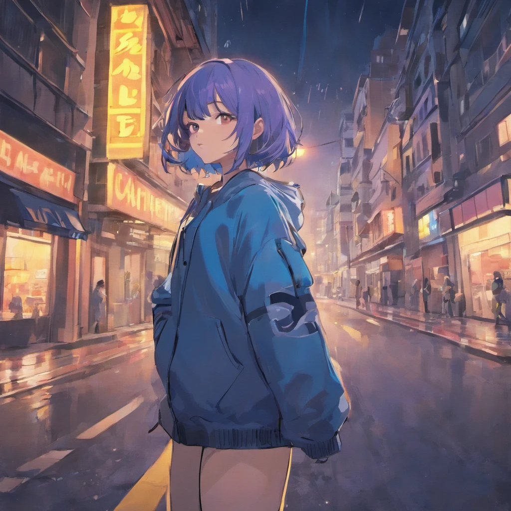 Anime girl in blue jacket standing on street corner in city - SeaArt AI