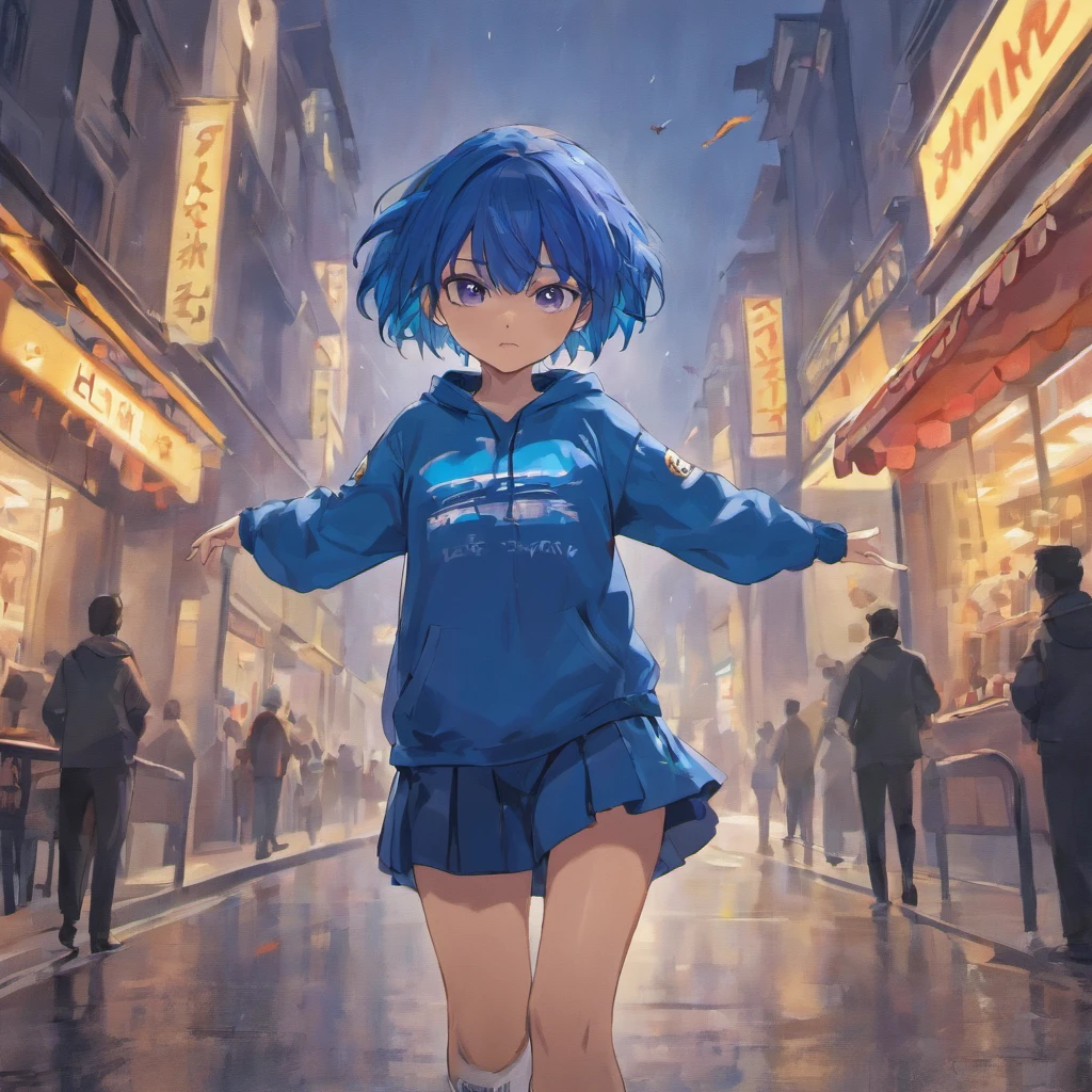 Anime girl in blue hoodie walking down a city street - SeaArt AI