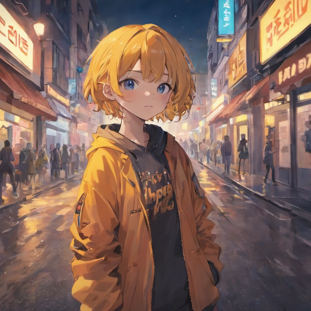 Anime girl in a yellow jacket standing in a city street - SeaArt AI