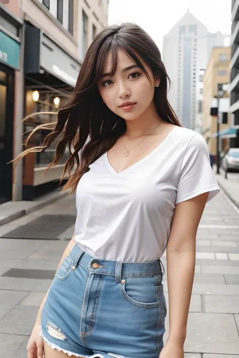 1girl in, Upper body, Cityscape,  Blurry background,