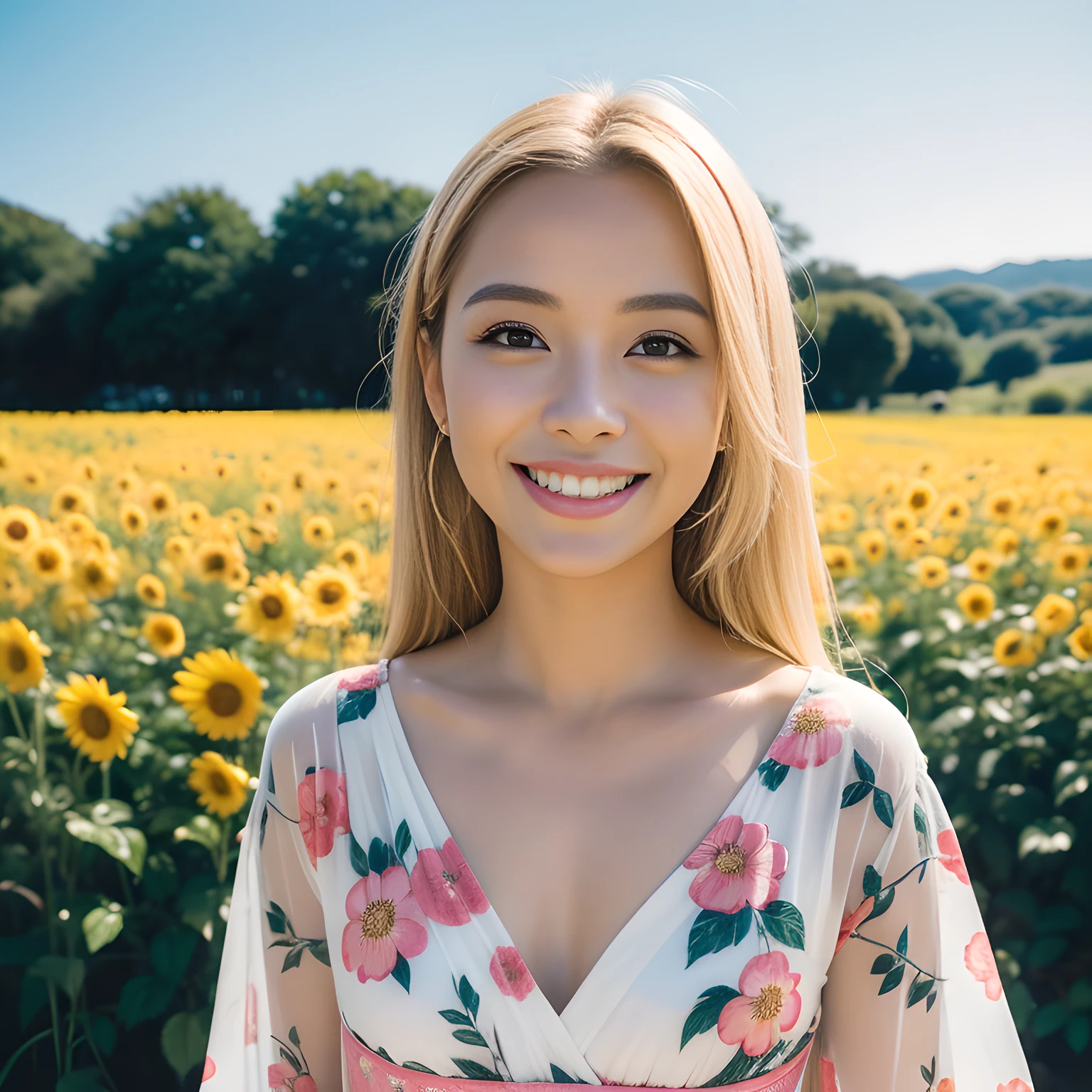 1girl, diosa, 28-year-old blonde Japanese women, Reina, Cara delgada, Pecas, (sonrisa afectada:1.2), (pecho grande:1.1), vestido con estampado floral, estrecho_cintura, curva, muslos negros, Epic Background, (Dreamlike Sence:1.2), Film grain, incredibly absurdres, misterio, perspectiva,