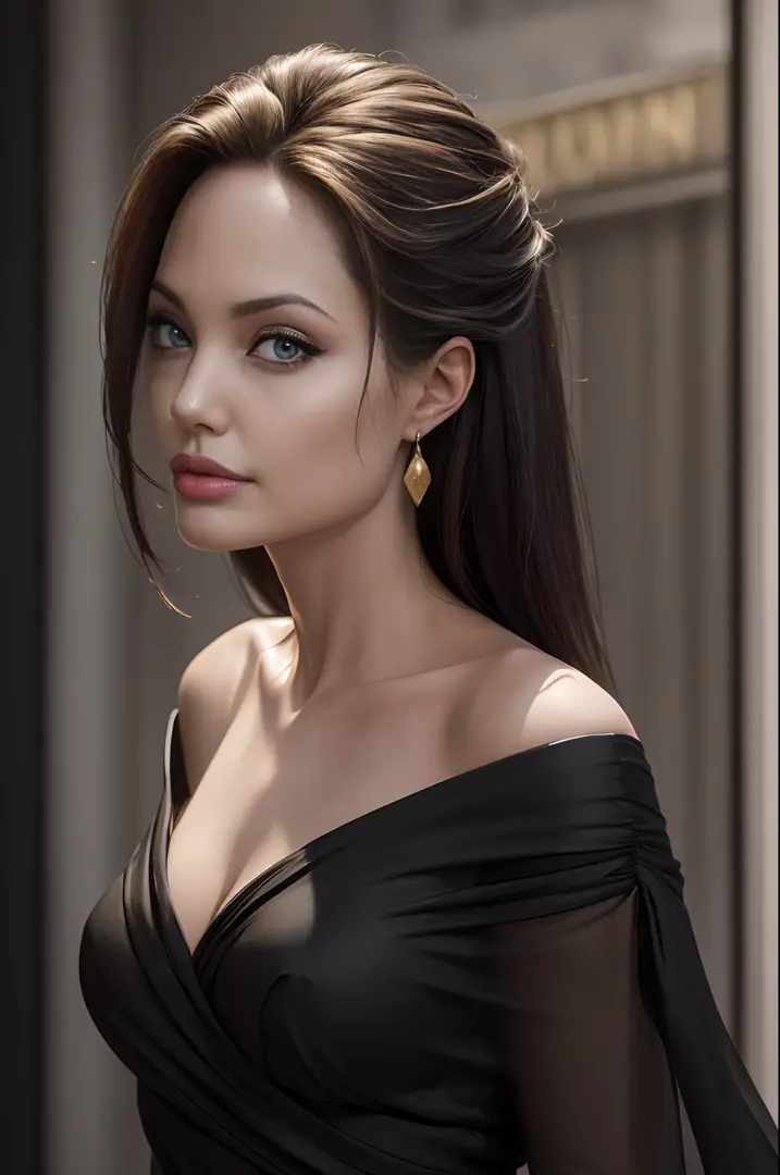 (best quality,4k,8k,highres,masterpiece:1.2),ultra-detailed,(realistic,photorealistic,photo-realistic:1.37),portrait of 45 year old Angelina Jolie,gazing at camera,looking over her shoulder,cinematic lighting,vibrant colors,dramatic atmosphere,celebrity,gl...