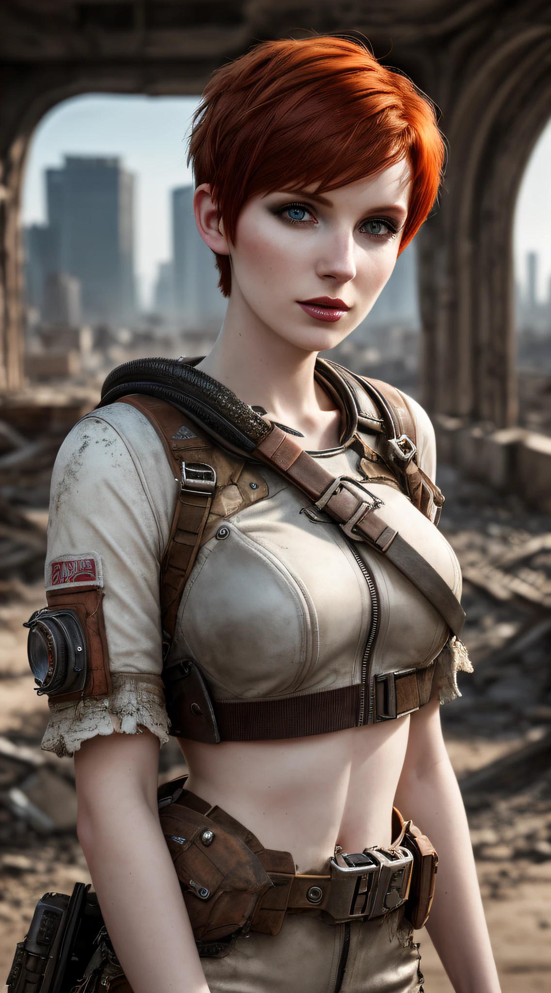 a close up portrait photo of 30 y.o woman in wastelander clothes,redhair,short haircut,pale skin,slim body,background is city ruins,(high detailed skin:1.2),8k uhd,dslr,soft lighting,high quality,