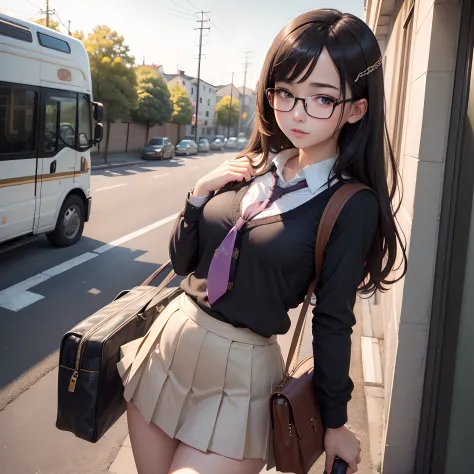 masterpiece, best quality, ultra-detailed, illustration,, (paisura:1.4), 1girl, glasses, small breasts, necktie, skirt, bag, sch...