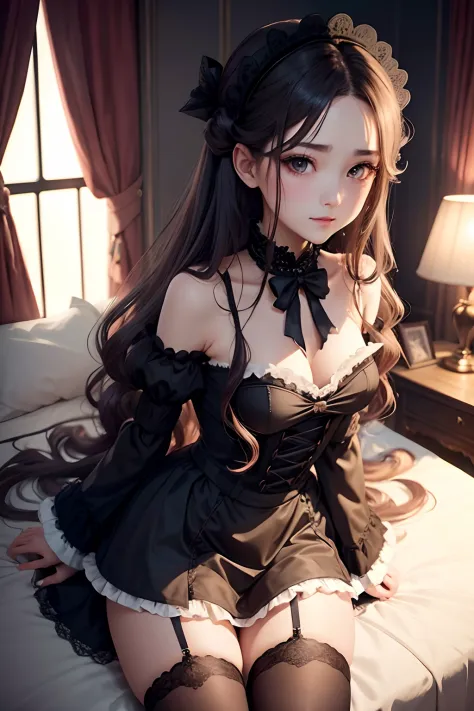 maid clothes、straight haired、A sexy、Glamour、perspiring、Gothic lolita、A slight smil、A sexy、Dark Gothic Makeup、put your hair up、be...