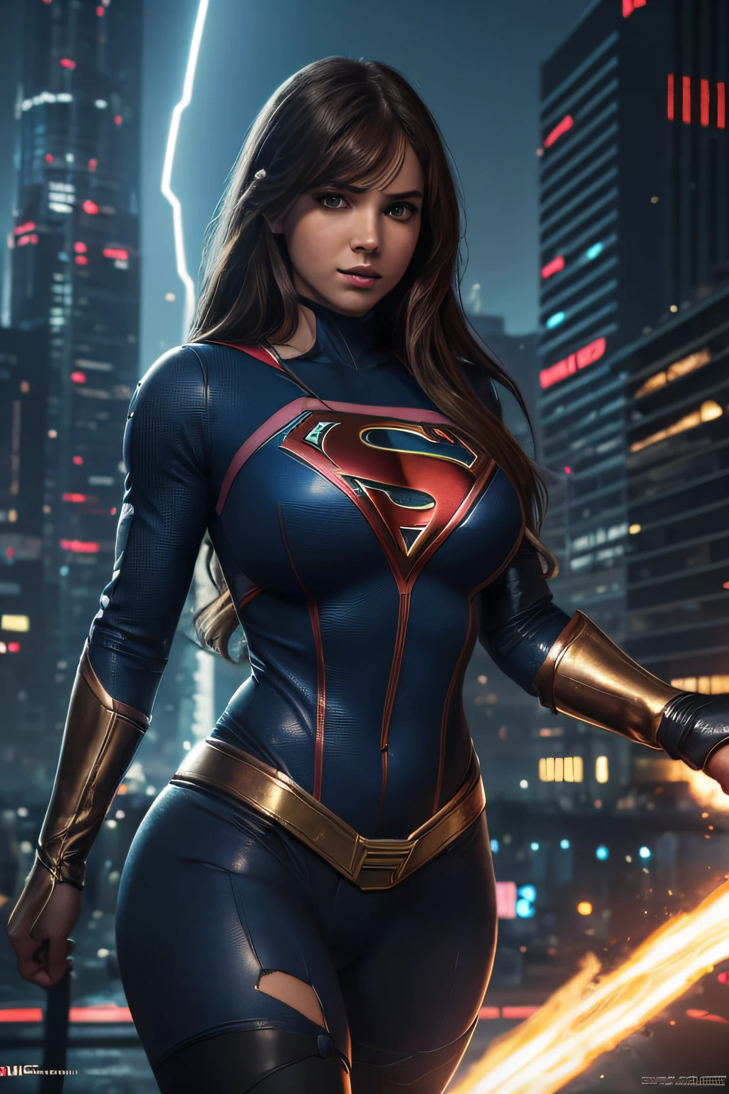 (8k, Die beste Qualität, Meisterwerk:1.2)  DC Supergirl, Große Brüste und großer Schwanz, bezaubernde Oberschenkel, Ganzkörper und großer Schwanz mit Strumpfhosen. Extrem detaillierte blaue Augen und Gesicht,wunderschöne, ultradetaillierte 4K-Augen, cyberpunk dark fantasy 8K