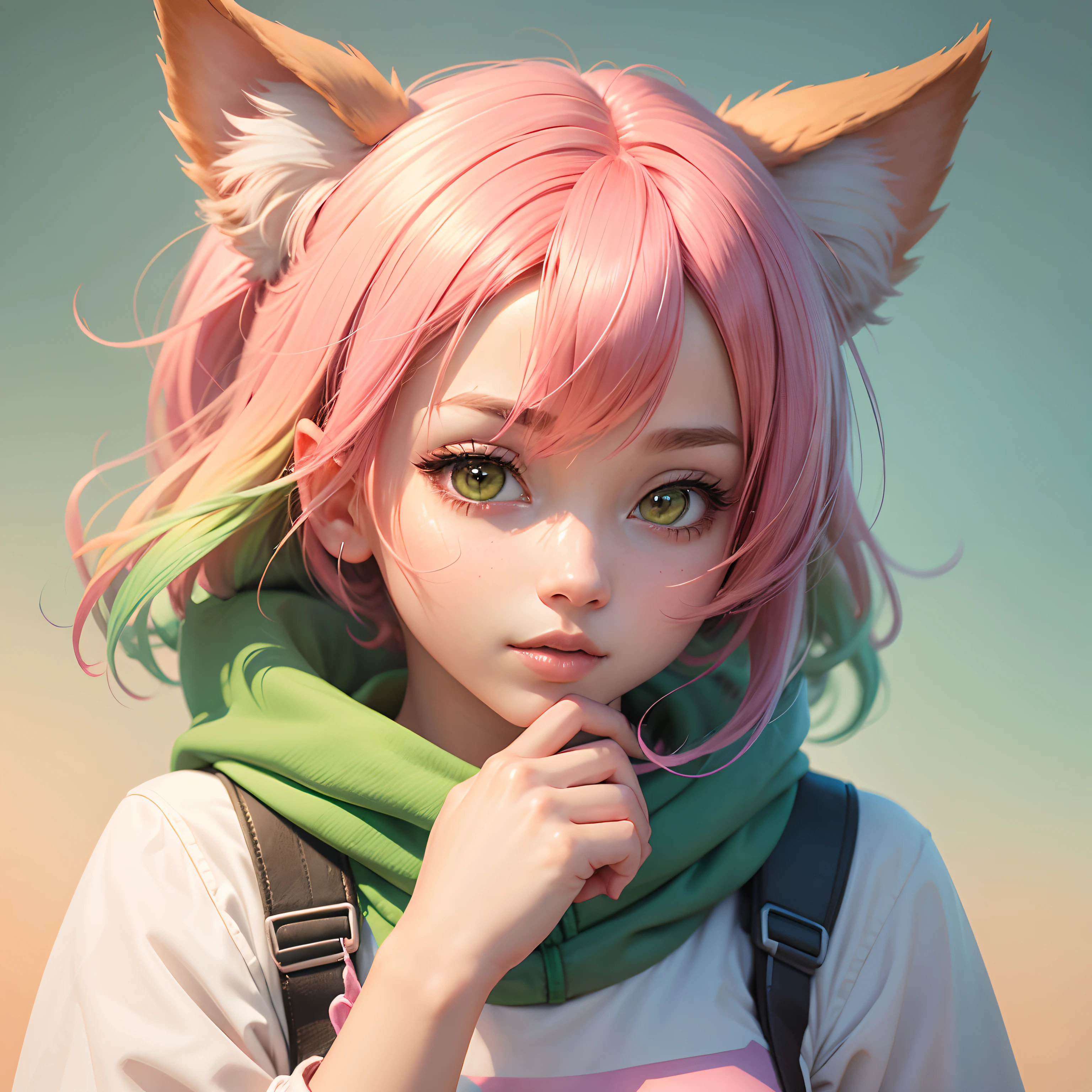 1girl, animal_ears, gradient, gradient_background, green_background, looking_at_viewer, pink_hair, solo by JM