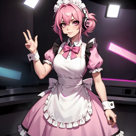 girl with pink hair, wearing headphones, wearing maid outfit, gamer girl