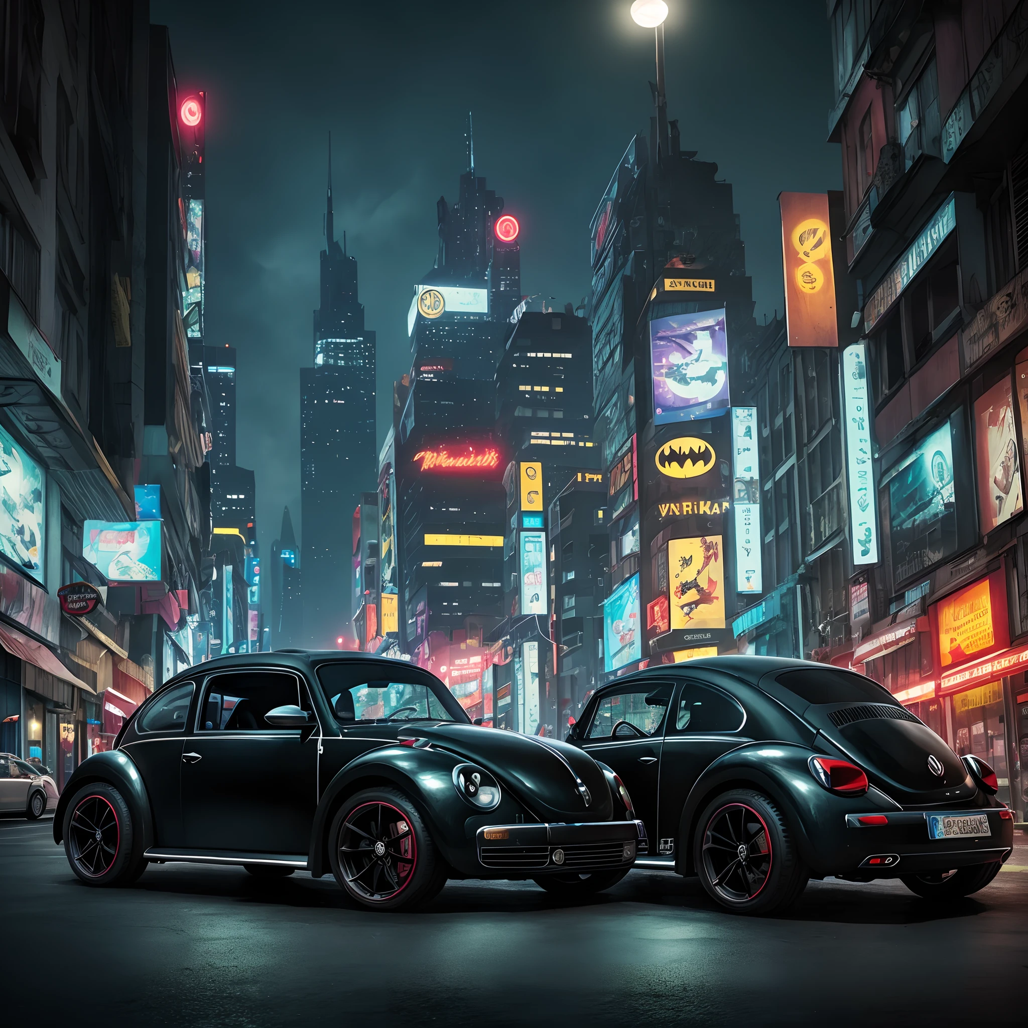 VW Beetle как автомобиль Бэтмена с крыльями, Киберпанк-город, темная  атмосфера, наступление ночи, киносъемка - SeaArt AI