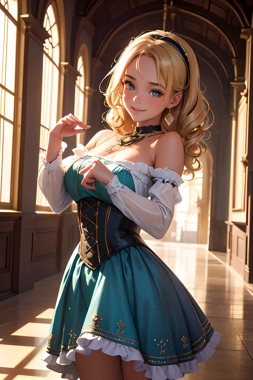 Highly detailed RAW color photo, 15 years old Virginia Otis in a victorian sexy dress, sexy dynamic pose, pixar style, in the style of bright 3D objects, She has a cartoon smile, tanned skin and rosy cheeks, a social contest winning photograph,  - blonde hair, dorne, very very curly blonde hair, corridors of a castle vibes, iridescence/opalescence, glitter, highly detailed photorealistic, 16k --expressive style - -niji 5 (MATRIX ) incredible, realistic shadows, (highly detailed background plan: 1.2), artistic photo of the best day