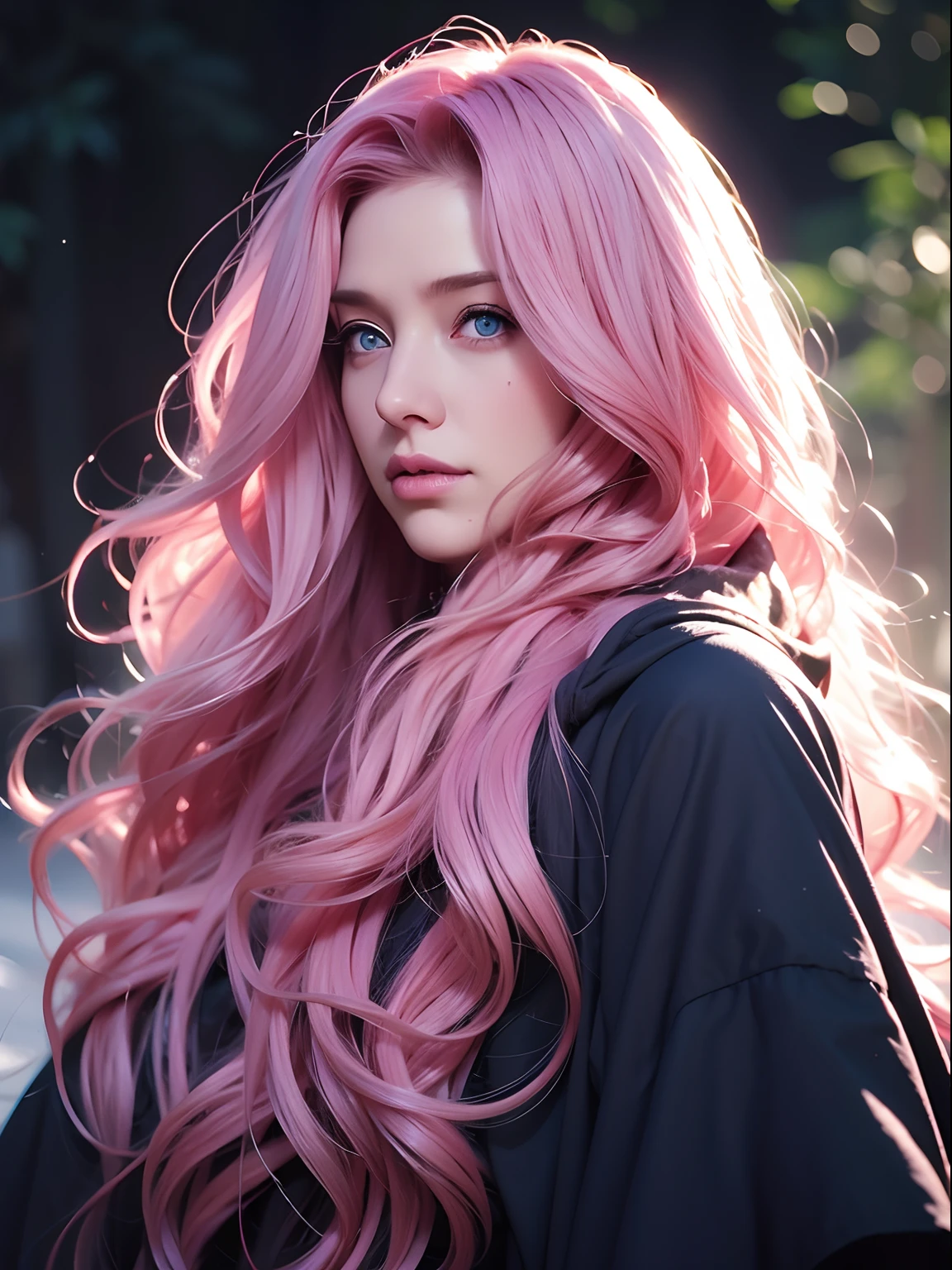 a woman, long curly hair, pink hair, blue eyes, Eleven, dark forest, windy hair, hood, steals dark