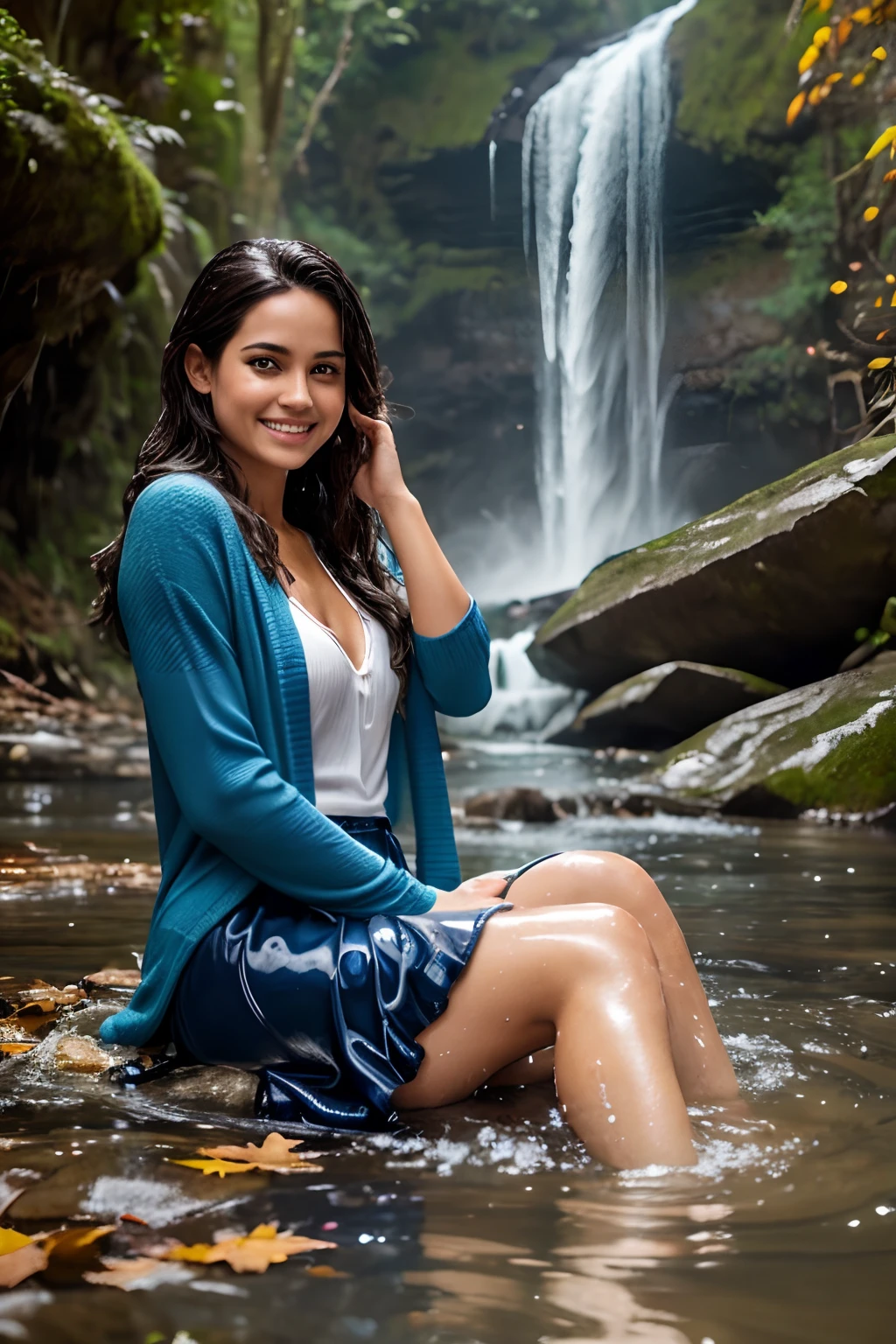 woman sitting in the water in a river, next to a waterfall, in water up to her shoulders, dripping wet, bathing in a waterfall, gorgeous lady, cute woman, gorgeous woman, in the water, gorgeous female, in a river in the jungle, blue cardigan, dark blue skirt, layered clothing, open neck, close up, depth of field, beautiful model, playing in waterfalls, with waterfalls, wet clothes, oily clothes, dripping water, running water, smile, autumn season