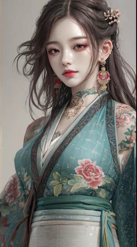 photorealistic, high resolution, 1women, solo, hips up, jewelry, tattoo, wavy hair, hanfu