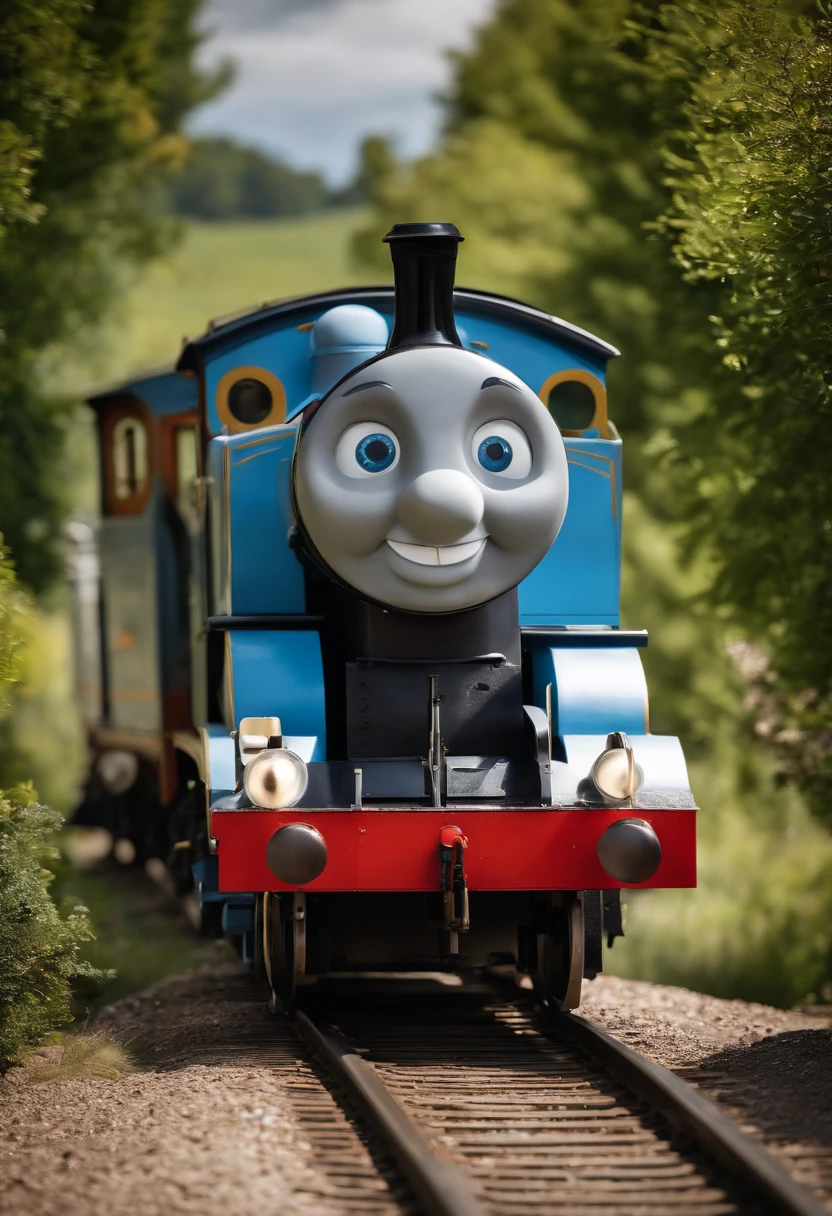 Thomas the tank engine is on the tracks in the woods - SeaArt AI