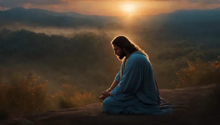 Jesus praying on his knees at dawn., ultra hd, realistic, vivid colors ...