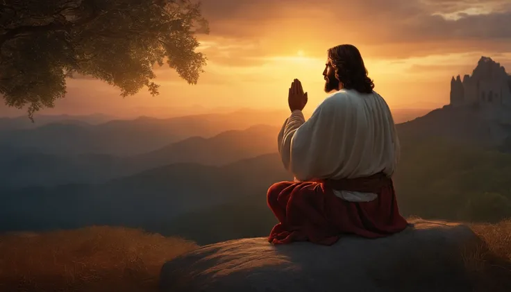 Jesus praying on his knees at dawn., ultra hd, realistic, vivid colors ...