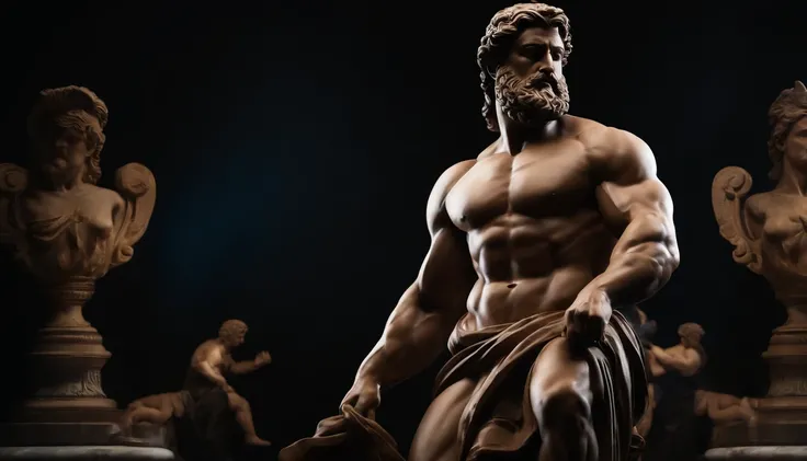 Cinematic Stoic Seneca Statue Hercules Style 4k, With Muscles And Dark 