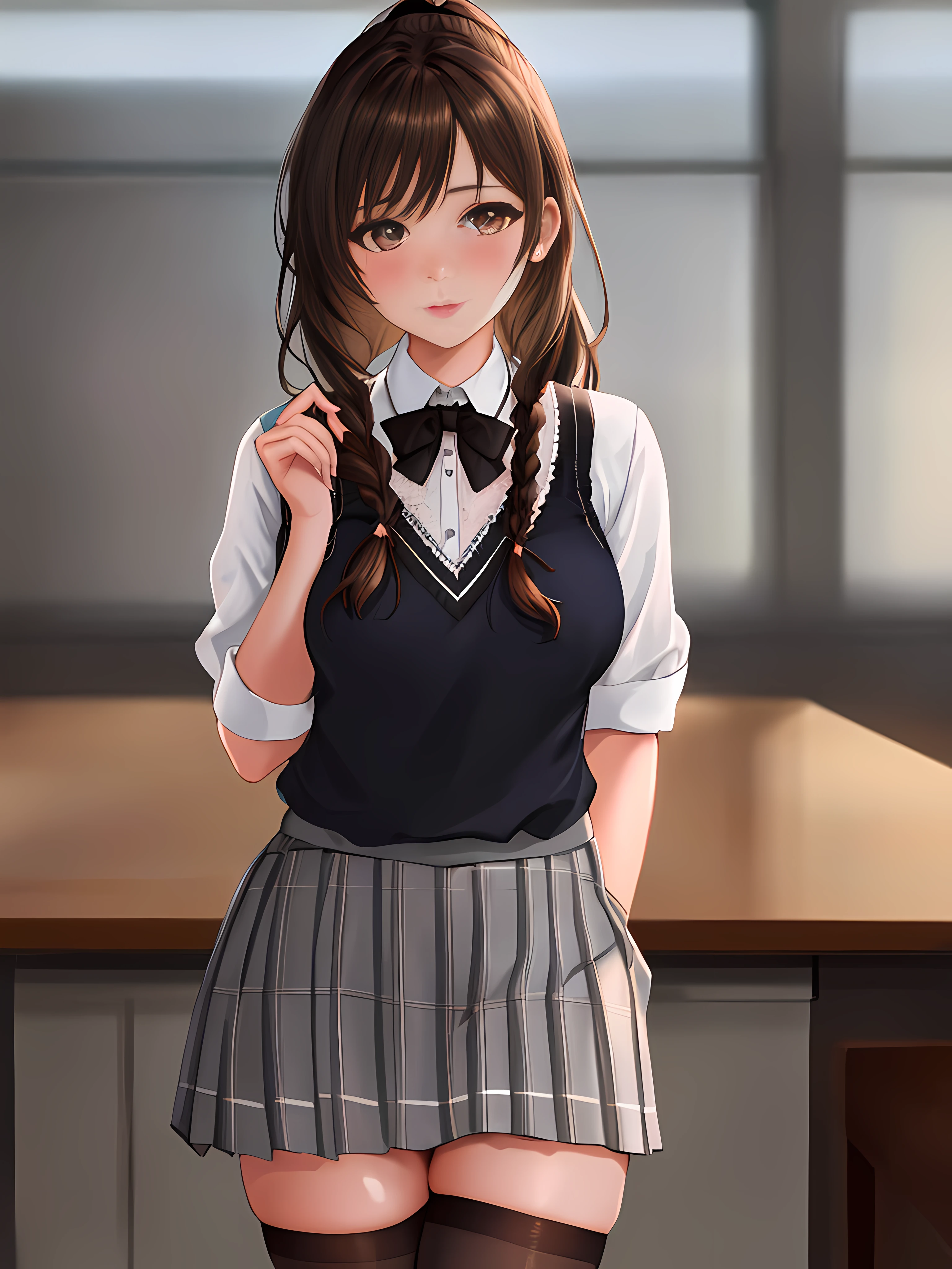 At school, in the classroom, look perverted, sexual libido high, a stunningly beautiful schoolgirl without make-up, 17 years old, brunette, brown eyes, brown hair, braid combed in a ponytail, sexy,  uniform, blue v-neck blouse with lace and neckline, white short skirt with pleats and butterfly patterns, grey knee-high stockings with diamond patterns, black bow, extremely detailed light hazel eyes, detailed symmetric realistic face, extremely detailed natural skin texture, peach fuzz, messy hair, masterpiece, absurdres, nikon d850 film stock photograph, kodak portra 400 camera f1.6 lens, extremely detailed, amazing, fine detail, rich colors, hyper realistic lifelike texture, dramatic lighting, cinestill 800 tungsten, raw photo, high quality, highres, sharp focus, extremely detailed, cinematic lighting, 8k uhd