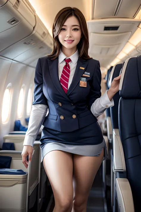 1womanl, 19 years、hyperdetailed face、Detailed lips、A detailed eye、二重まぶた、Brunette Bob Hair、Smiling as you walk slowly down the aisle、(Stewardess uniform:1.2)、(Glamorous body)、(huge tit)、perfect hand, Perfect fingers, thighs thighs thighs thighs, Perfect fit...