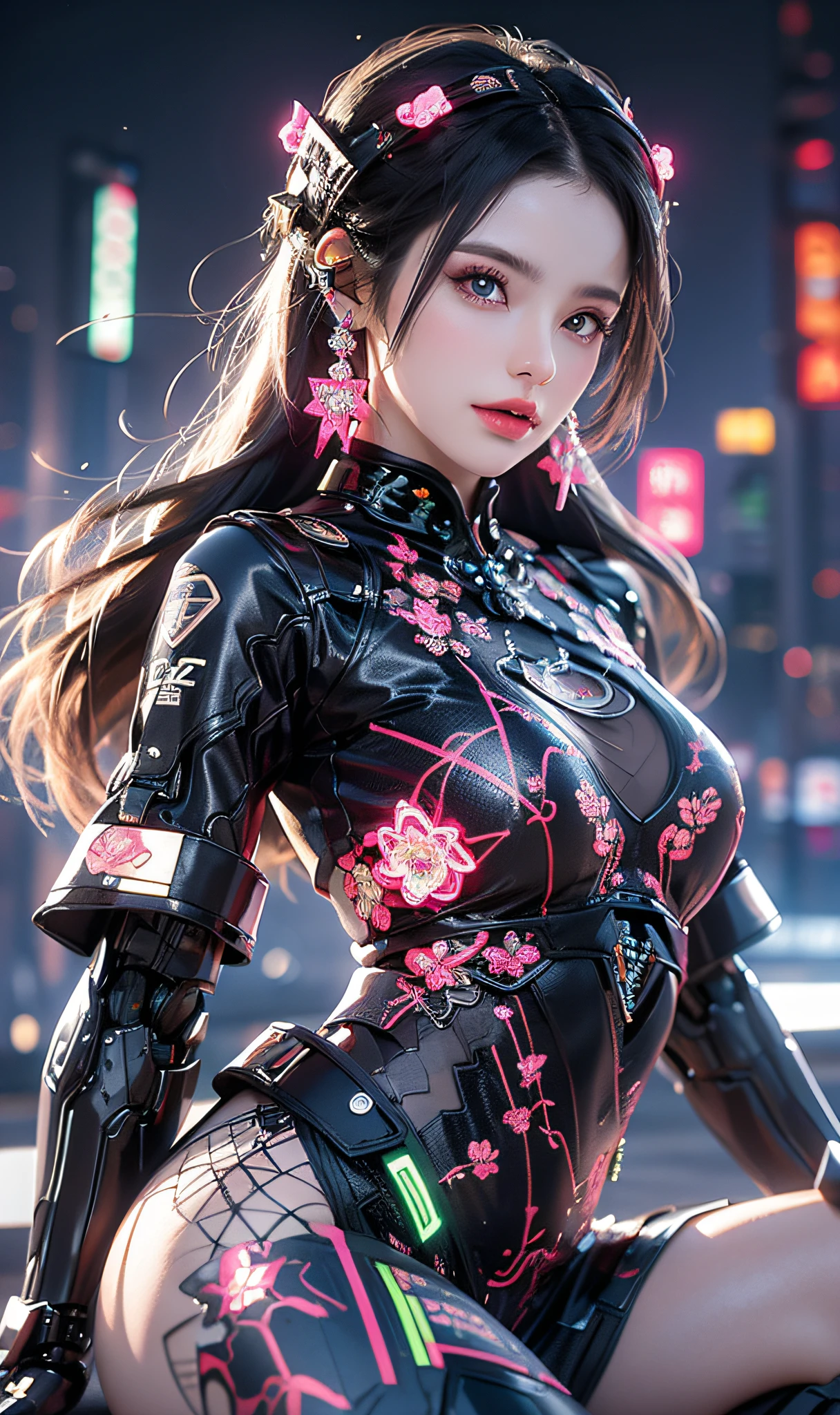 1 , Chinesisch_Kleidung, Titanschwarz metallic und Pink, cyberhan, Cheongsam, cyberpunk city, dynamische Posen, detaillierte leuchtende Kopfhörer, leuchtende Haar-Accessoires, lange Haare, leuchtende Ohrringe, glänzende Halskette, cyberpunk, cidade de alta Technologie, voller mechanischer und futuristischer Elemente, Futurist, Technologie, leuchtendes Neon, Rosa, luz Rosa, sexy Rock, transluzente schwarze Abdeckung, luz laser, digitaler hintergrund urban himmel, Großer Mond, mit Fahrzeug, Bessere Qualität, erstes Werk, 8K, Charakterkantenlicht, super hohe Detailgenauigkeit, gute Qualität, die schönste Frau der Menschheit, lächeln, Gesicht nach vorne gerichtet und links und rechts symmetrisch, Ohrschmuck, langes Antennenglühen, schöne Schüler, Lichteffekte, visuelle Daten, gefärbtes Haar, silbrig rot-orangefarbenes Haar, ultradetaillierte Gesichtstextur, glücklich und stolz, Waffensystem, überfüllte Straßenpassanten, Dochtstil, mit einer hellen Antenne auf dem Kopf, Injektor hinten, weibliche Sitzposition, Schrumpfung der seitlichen Beine