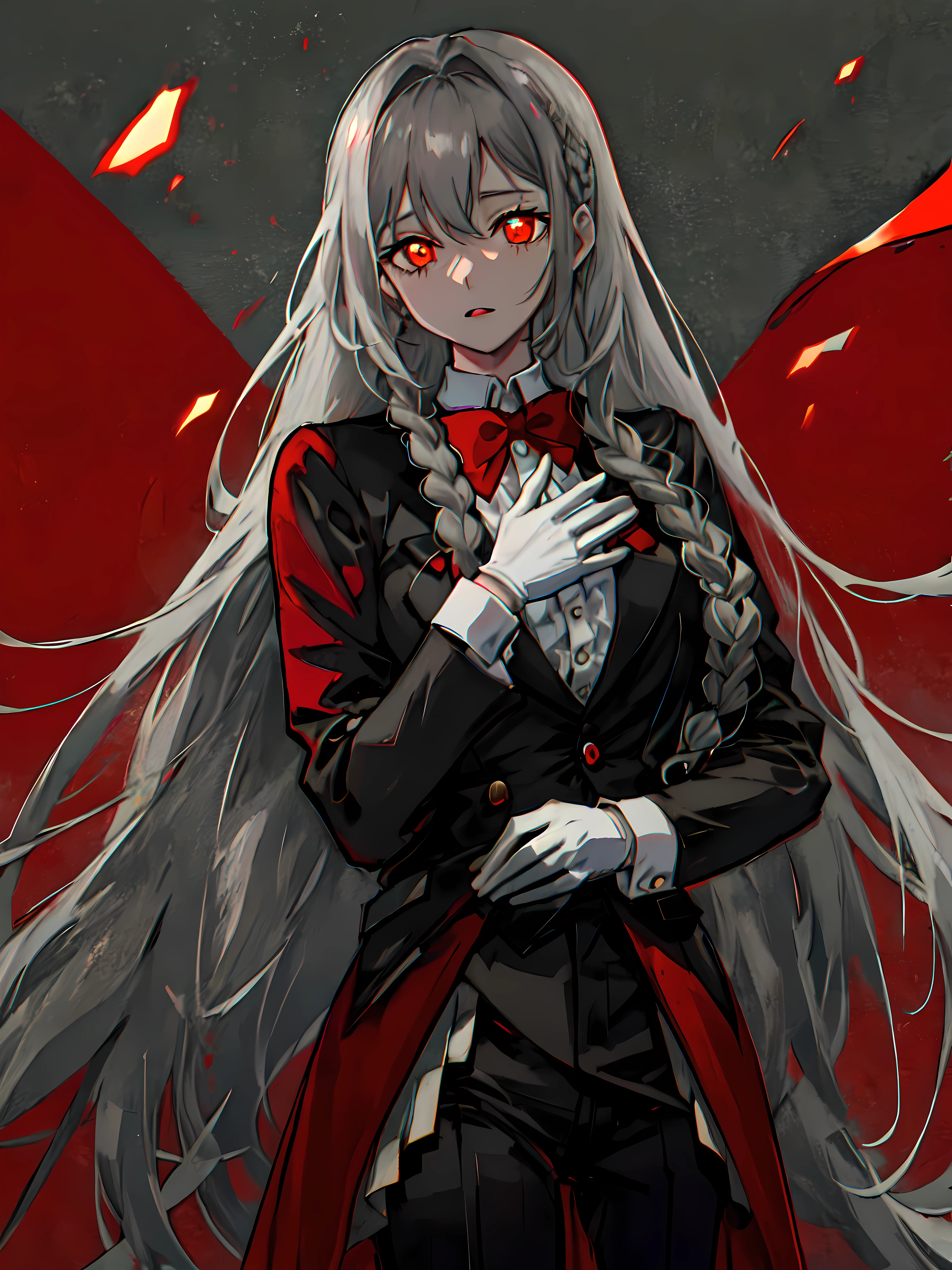 A girl in her 20s, with flowing faded gray hair that barely reaches her shoulders, except for a pair of braids that reach almost to her chest. She wears a formal suit reminiscent of a male butler, with a black jacket and red bow, along with black pants with a gray sash. She wears gray colored gloves and her skin is completely pale white. His eyes are completely black except for his pupils that glow deep red. Anime style, Wlop, Dark Fantasy. Character desing. renaissance clothes. Detailed.