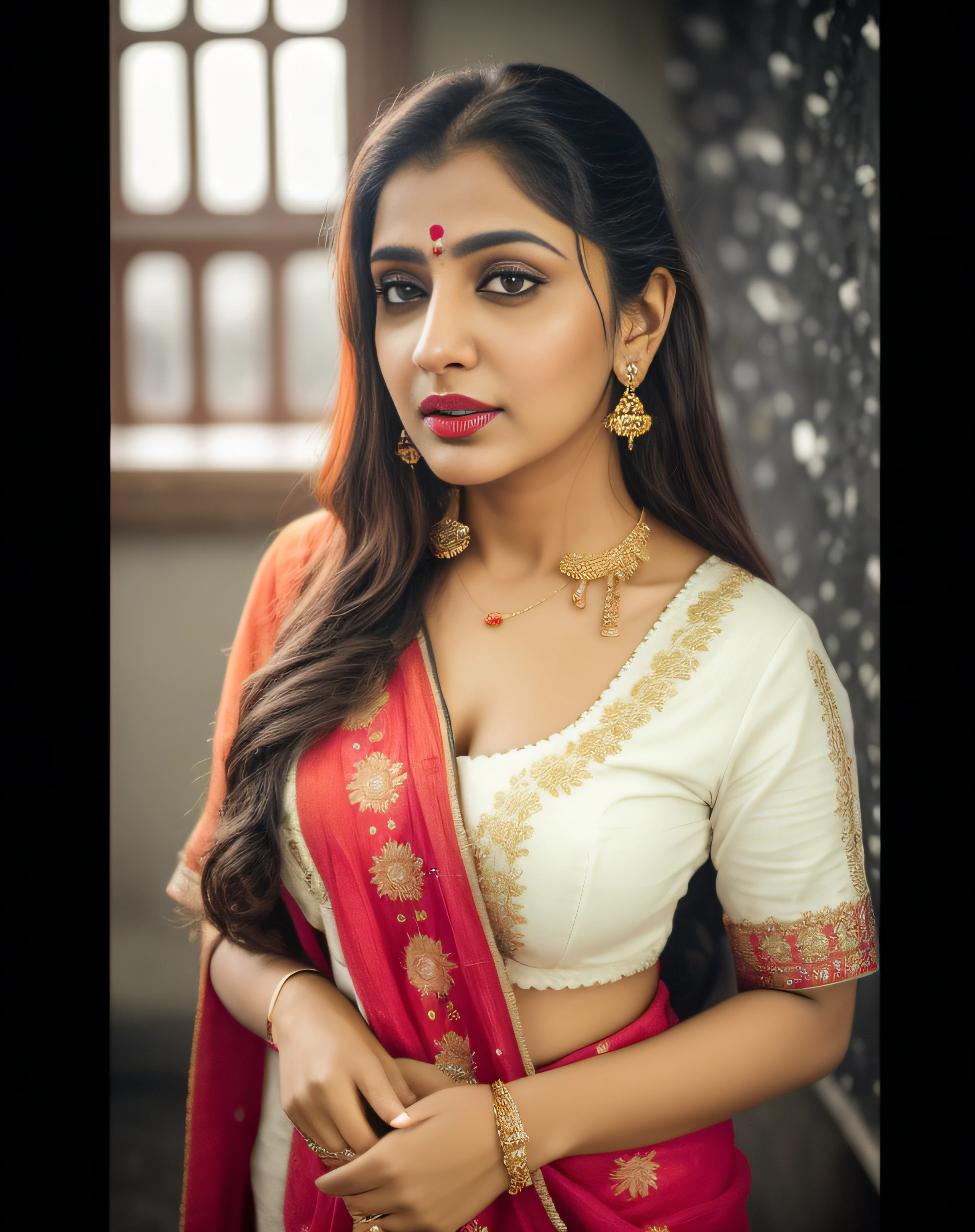 (editorial photograph of an Indian actress ayesha singh, energetic, 21 y.o. female), (wearing worn out clothes, detailed:1.3), (orange natural big lips, highly detailed face:1.4), (background inside dark, moody, private study, studio lights:1.3), (8k, uhd, dslr, high quality, cinematic lighting, bokeh), (dramatic, award winning photography, incredible masterpiece:1.3) (strong depth of field), dark orange lips, ayesha singh Hindi Actress(model) big breast