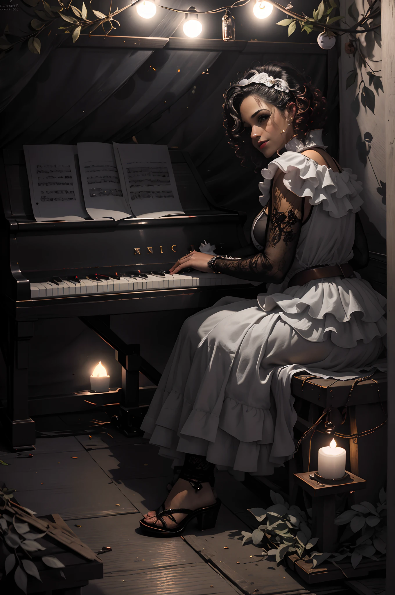 menina que toca piano em um quarto escuro,sombras suaves,Romantic music,belos dedos detalhados,best quality,Pouca luz,atmosfera mal-humorada,cercado por velas,piano de cauda,Flowing dress,estilo de jogo suave e apaixonado,tons de cor preto e branco,vintage feel,warm and intimate lighting,postura graciosa.