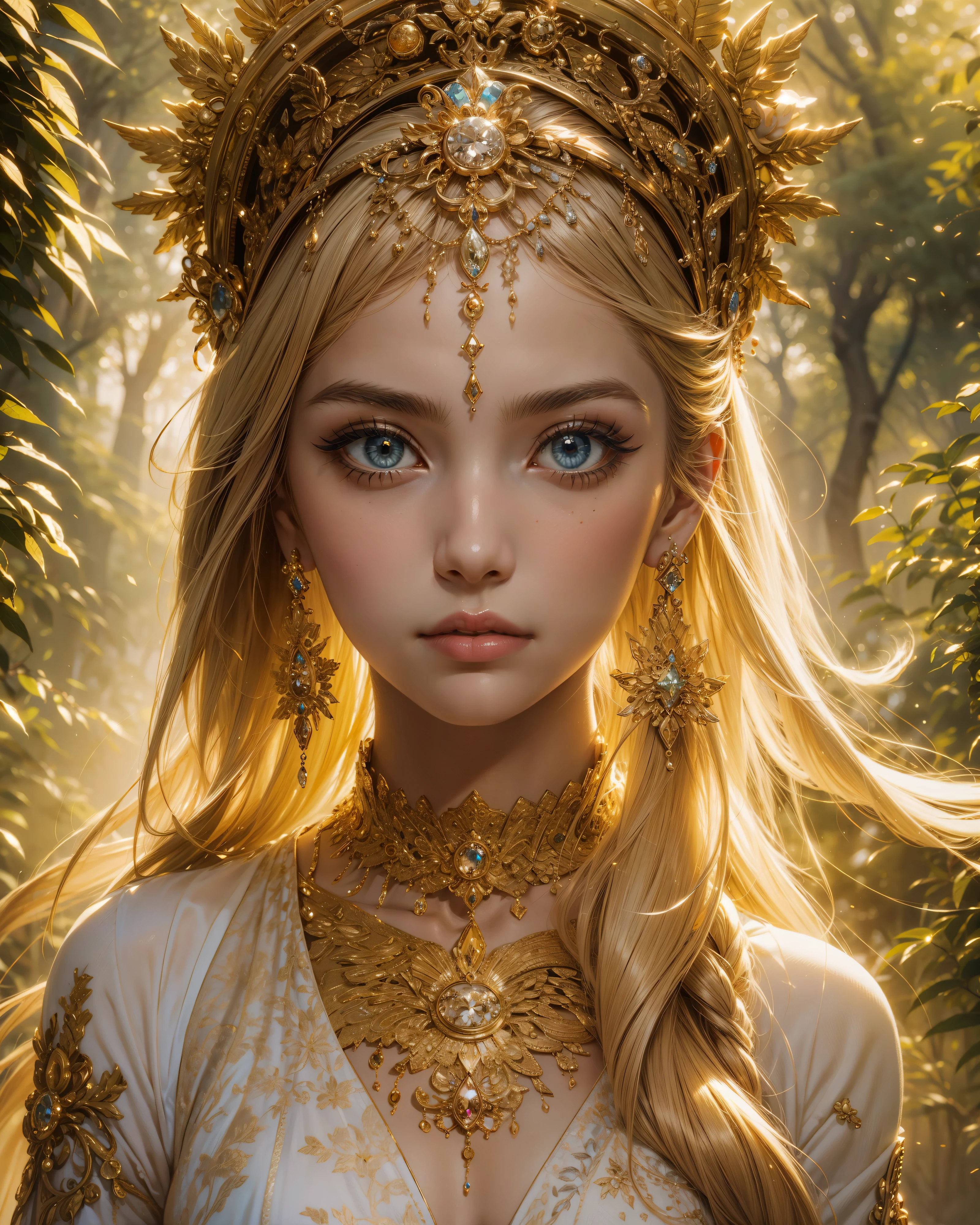 one-eyed goddess,painting,beautiful detailed eyes,lovely detailed lips,extremely detailed face,long eyelashes,graceful appearance,serene expression,flowing hair,delicate features,golden jewelry,glowing skin,soft colors,vibrant art,divine presence,ethereal atmosphere,enchanted garden,hint of mystique,impeccable technique,best quality,ultra-detailed,photorealistic,portrait style,luminous lighting