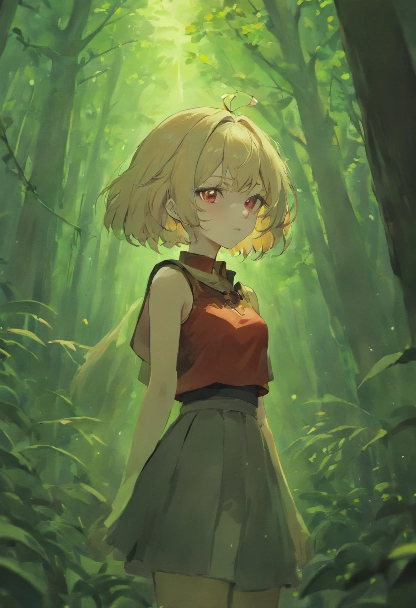 1girl, beautiful girl, short silver hair, demon, forest setting, comma hair, comma hair on forehead, dark, glowing red eyes, looking at viewer, upper body, t-shirt cropped, low-rise skirt, Best quality, spectacular, bust up
