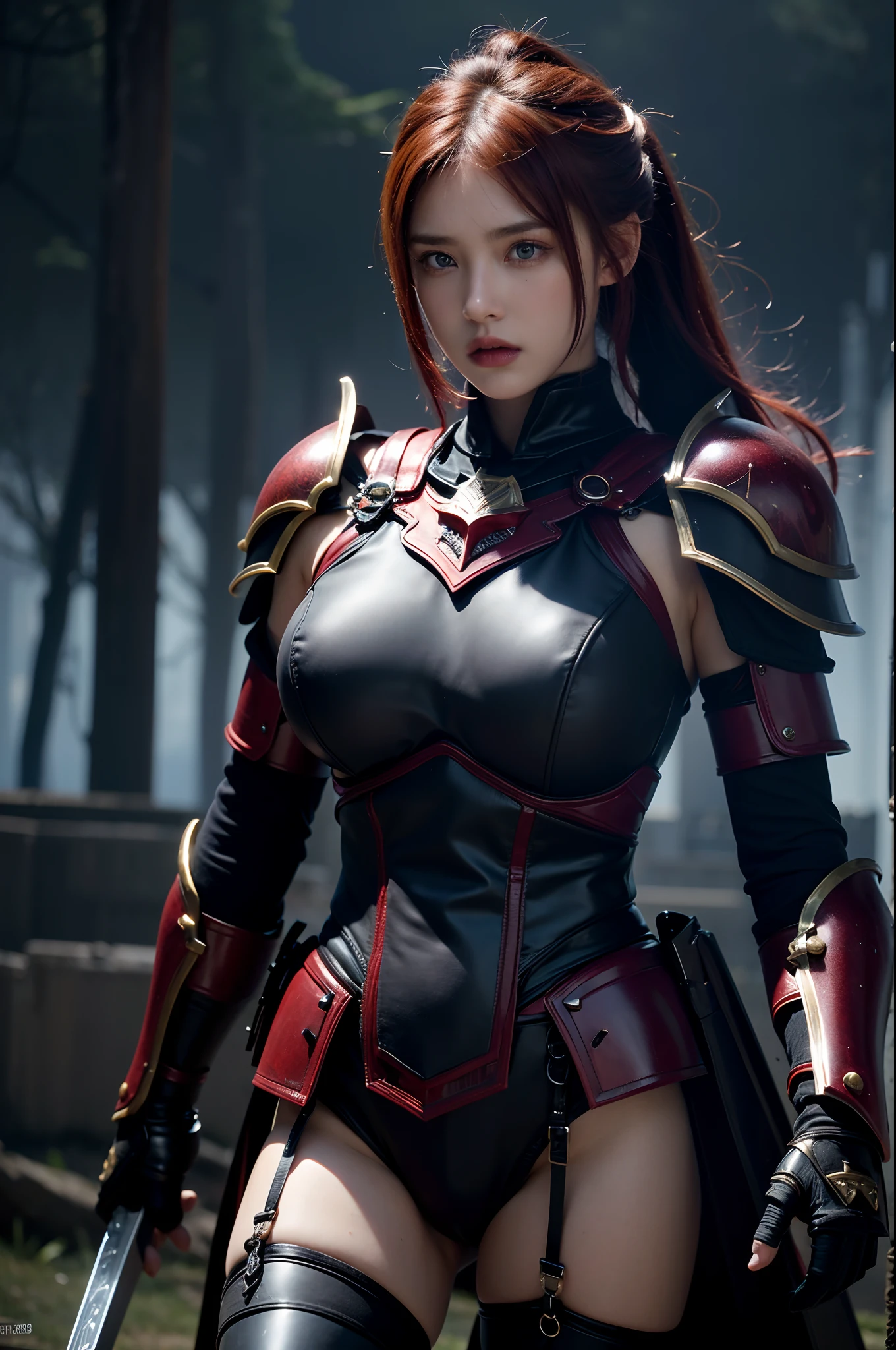 8k, (ultra-detailed,high-res,dark,fantasy:1.2), red hair, purple armor , warrior with a sword , medieval city, darkness, epic, beyond reality, Upper body, large boobs, epic, narrative, fierce battle with demons ,darkness , horror, rainfall, armor clanking,