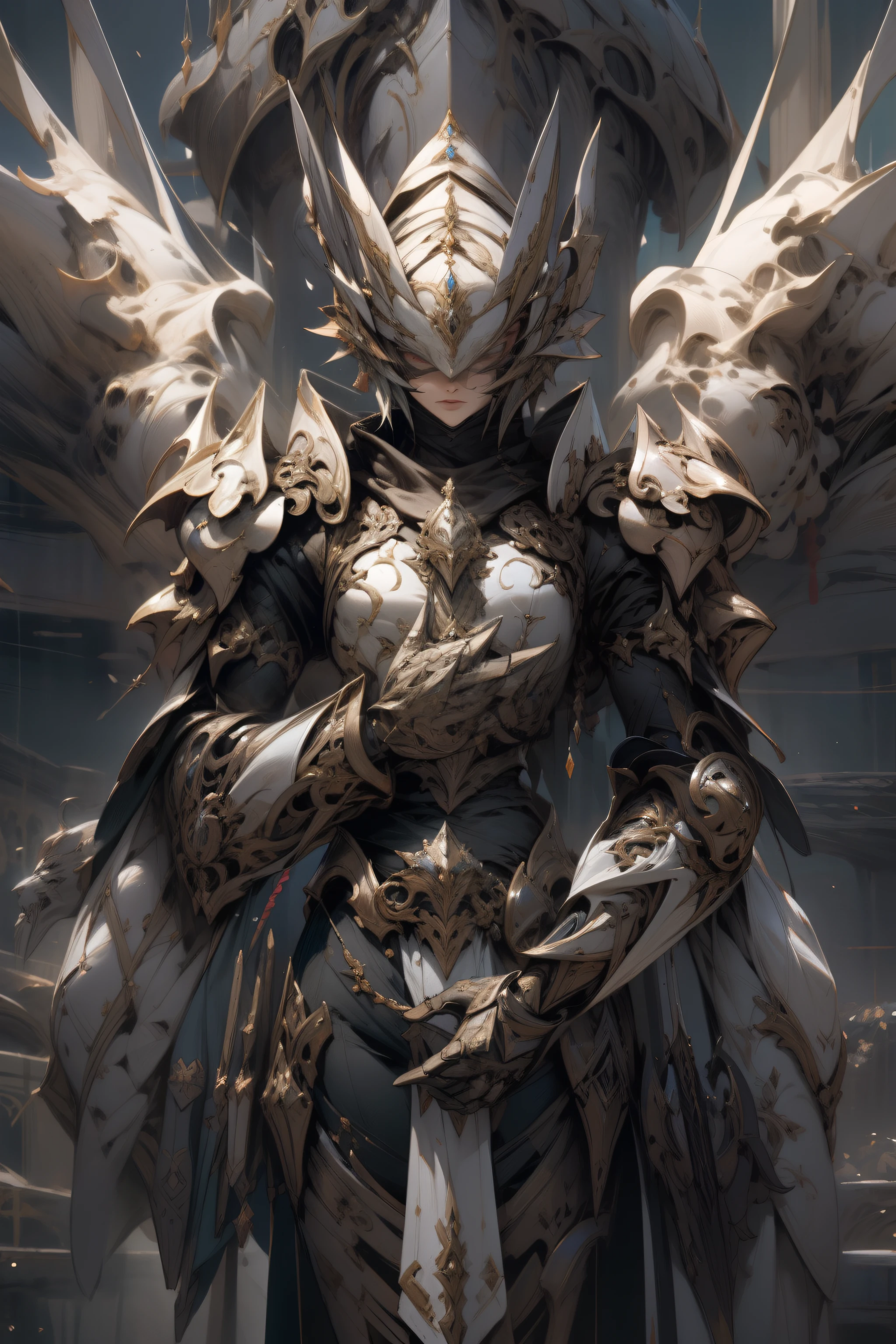 a close up of a person with a sword and wings, style of raymond swanland, epic exquisite character art, inspired by Raymond Swanland, 2. 5 d CGI动漫奇幻艺术作品, detailed digital 2d fantasy art, covered in full silver armor, detailed fantasy art, dressed in armor light, highly detailed fantasy art, epic fantasy character art, stunning character art