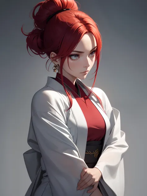 Furious Female Kung fu fighter, red hair, bun hair, straight hair, magic hands, makeup, mascara, Lips are subdued or  colors, Mi...