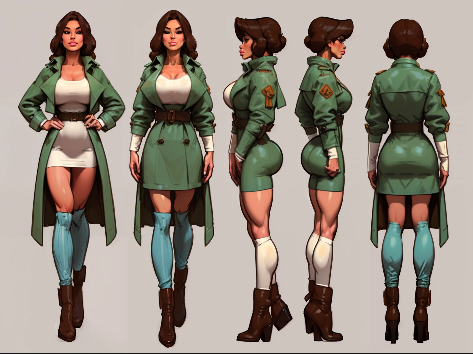 ((masterpiece)),(((best quality))),((character design sheet)), ((full body view)) ((native girl)) mature face, defined cheekbones, high cheekbones, illustration, native girl, muscular, ((detailed face:1.4)) beautiful woman, (vintage clothing:1.4), (leg warmers:1.6), (trench coat:1.4) (dresses:1.3) , shiny skin, scribbles and marks,(puffy lips:1.4) , rough sketches, gigantic breasts, 8k,16k, (simple background, white background: 1.3) white and blue color palette, brown legs, brown arms, brown face