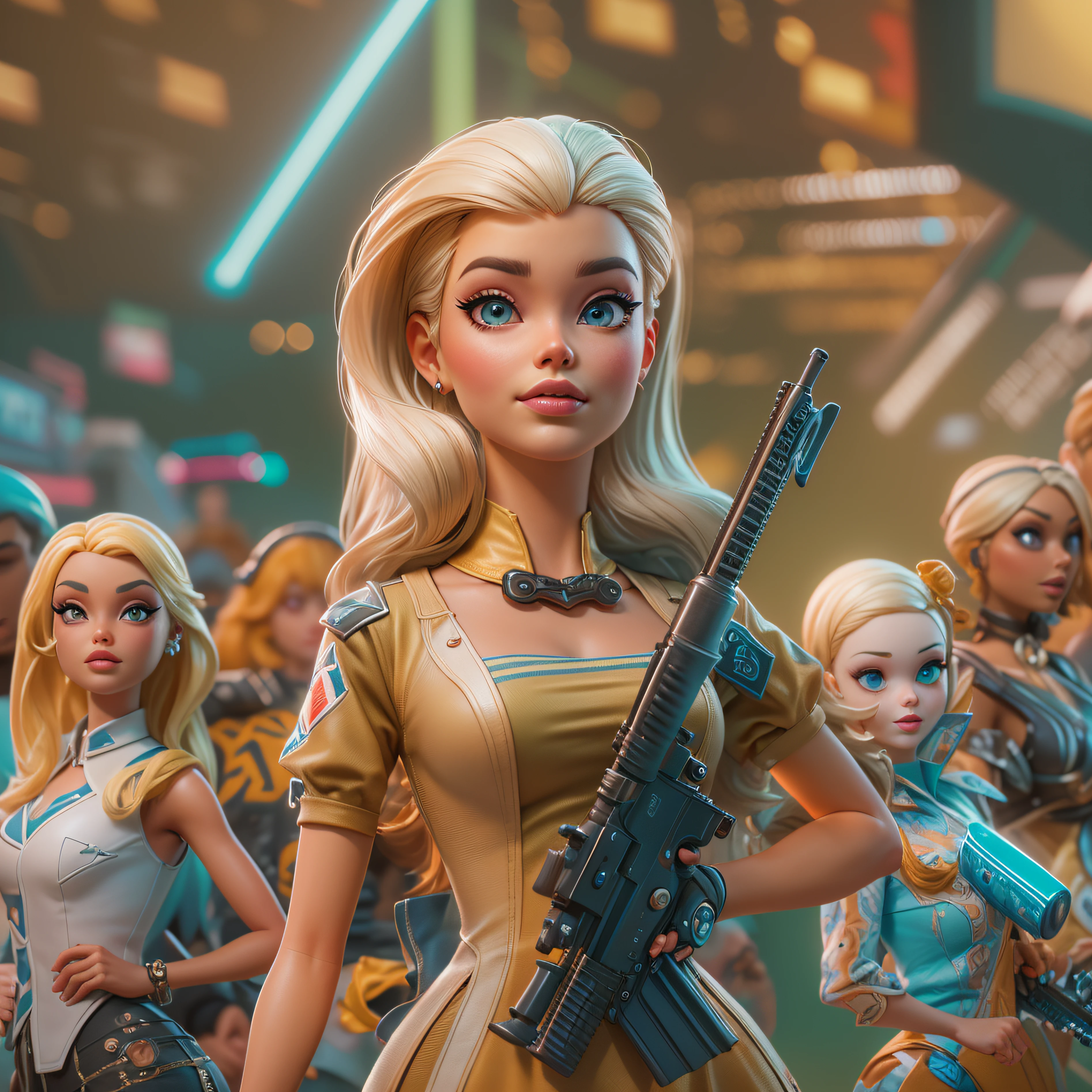 barbie armada com um rifle e o ken correndo desesperado pela rua