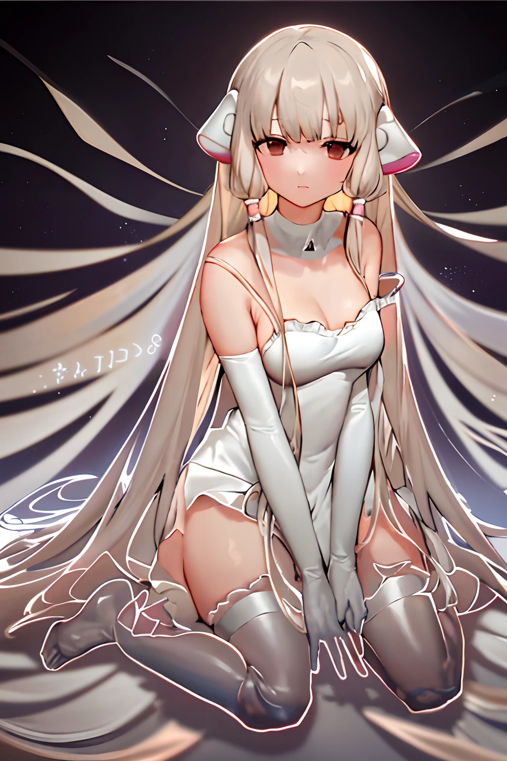 masterpiece, best quality, highly detailed, highres, hdr,
chobits, chii, hair tubes, 
1girl, bangs, bare shoulders, bed sheet, black choker, breasts, brown eyes, choker, clamp (circle) (style), dress, elbow gloves, frilled dress, frills, gloves, grey hair, hand up, platinum blonde hair, ribbon choker, robot ears, sleeveless, sleeveless dress, small breasts, solo, strap slip, very long hair, white dress, white gloves
mksks style, beautiful background, detailed background, professional lightning, clouds, heaven, angel,